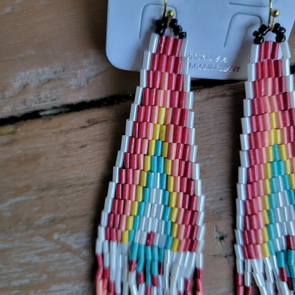 Kiss the sky native Aztec south western seed bead fringe Dangle earrings